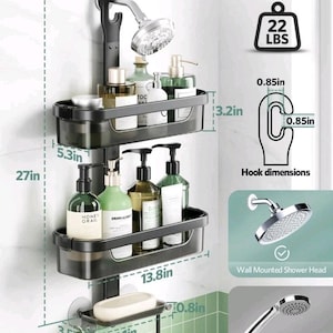 LAMU Adjustable Shower Caddy Hanging, Rust-Proof Hanging Organizer 3-Tier Silver