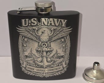 U.S Navy Hip Flask Engraved Honor Courage Commitment Gift 6oz Adult drink father brother grandfather