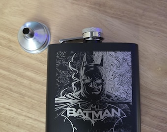 Engraved Hip Flask Batman Stainless Steel 6oz Black Gift Father Grandpa