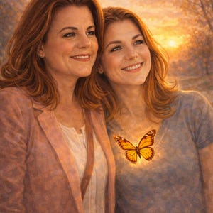 May include: A digital painting depicts two women with red hair smiling. One wears a pink blazer, the other a gray shirt. A glowing orange butterfly is centered on the second woman's chest, set against a warm sunset backdrop.
