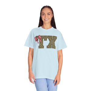 -shirt léopard lettres TX avec noeud rose | T-shirt Texas Initiales