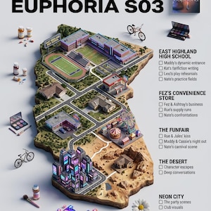 May include: An illustrated map of the world of Euphoria S03, featuring East Highland High School, Fez's Convenience Store, The Funfair, The Desert, and Neon City. The image includes text and various icons, such as a Ferris wheel, buildings, and a bicycle.