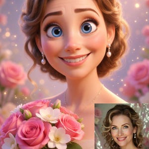 Pode incluir: Uma mulher sorridente com olhos azuis e cabelo castanho claro segura um buquê de rosas cor-de-rosa e flores brancas. Ela usa brincos de pérolas e um colar de ouro. O fundo é rosa suave com efeitos bokeh.