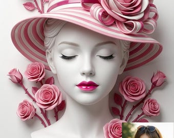 Rosa Rosenfrauen-Porträt | Elegantes Blumen Hut Dame Kunst Geschenk zum Muttertag (Digitaler Download)