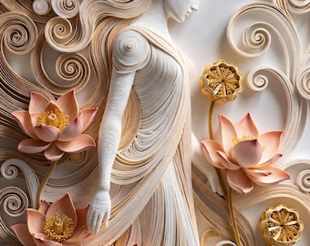 Papier Quilling Portrait Kunstdruck | Digital Art Wandbild Frau mit Lotusblüten |