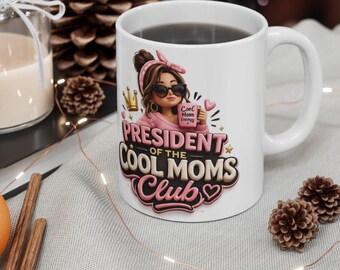President of Cool Moms Mug | Cute Pink Crowned Mom Illustration