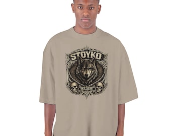 STOYKO Wolf Graphic Oversized T-Shirt, Men's Heavyweight Drop-Shoulder Crewneck Tee, Biker Streetwear Shirt