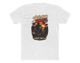 Stoiko Summer Motorcycle Chase the Sun Tee | Retro Sunset Rider, Palm Trees