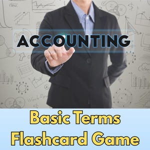 May include: A digital graphic featuring a person in a black blazer and blue striped shirt pointing at the word ACCOUNTING. The background displays various financial charts and diagrams. Below, the text reads Basic Terms Flashcard Game.