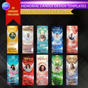 May include: A collection of memorial candle design templates. Each design features a photo, the words "In Loving Memory of," and a name, birth date, and date of passing. The designs include angel wings and various background colors.