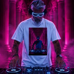 Camiseta con estampado de DJ Zeus, camiseta de DJ del dios griego, camiseta de estilo urbano mitológico, atuendo para festivales de música electrónica, camiseta unisex blanca estética