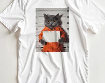 Mugshot Cat T-Shirt, Funny Arrested Kitty Graphic Tee, Unisex Animal Shirt