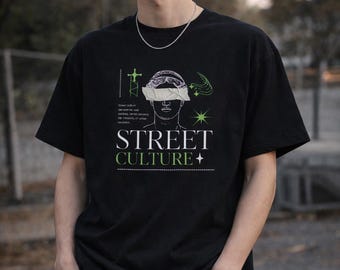 Camiseta de cultura callejera, camiseta urbana de estilo streetwear, camiseta negra unisex con estampado, ropa de estilo hip hop, camiseta oversize estética, atuendo de moda.