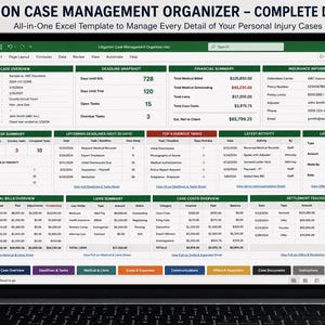 Puede incluir: Una pantalla de portátil que muestra una plantilla de Excel para la gestión de casos de litigio. El panel incluye secciones para resumen de casos, plazos, resúmenes financieros, información de seguros, tareas, facturas médicas y seguimiento de acuerdos.