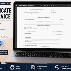May include: A laptop displays a "Certificate of Service" PDF template. The screen shows a legal document with fillable fields. The image includes icons for PDF and Word file formats, and text indicating instant download and print-ready options.