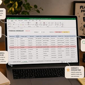 May include: A laptop screen displaying a PI Medical Chronology Excel spreadsheet with columns for date of service, provider, and diagnosis. Callout boxes highlight features like days from incident calculation, treatment gap highlighting, and record source tracking.