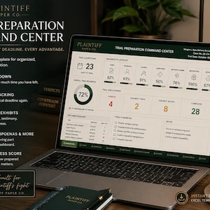 May include: A laptop displaying the Plaintiff Paper Co. Trial Preparation Command Center Excel template. The screen shows a dashboard with a trial countdown, readiness percentages, task overviews, and upcoming deadlines for legal case management.