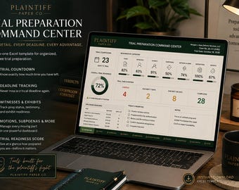 May include: A laptop displaying the Plaintiff Paper Co. Trial Preparation Command Center Excel template. The screen shows a dashboard with a trial countdown, readiness percentages, task overviews, and upcoming deadlines for legal case management.