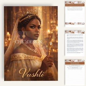 Pode incluir: Impressão de arte digital com uma mulher em coroa e vestido dourados, segurando um cetro. A imagem tem o texto "Chic2Design" e "Vashti". O fundo é um interior desfocado, com tons quentes e velas.