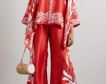 Women's Asymmetrical Two Piece Set, Stand Collar Top, Wide Leg Pants, Boho Outfit