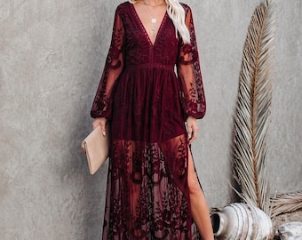 burgundy lace wedding guest dress Boho Maxi Dress, Sheer V Neck Dress, Elegant Dress, Bridesmaid Dress, Beach Maxi worstseller formal occasions such as Size:Custom Order Orange Slim Fit Strapless