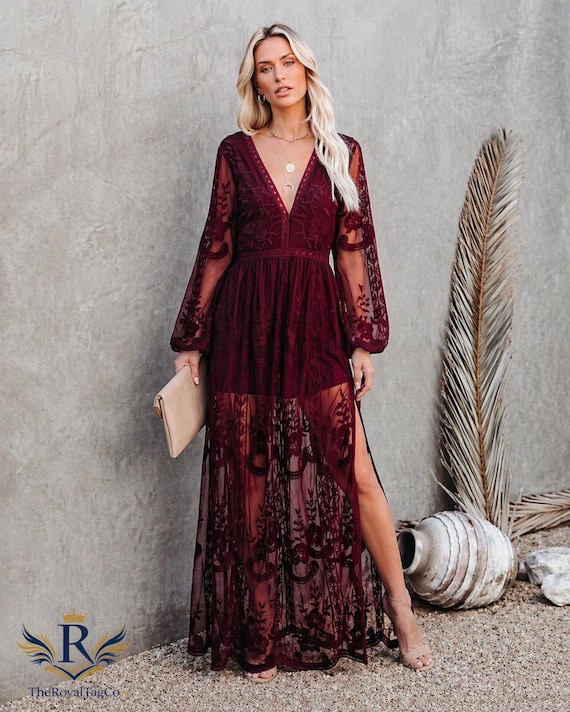 burgundy lace maxi dress with sleeves PinkBlush Burgundy Lace Mesh Overlay Plus Maxi Dress