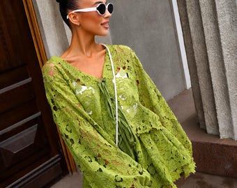 Tailleur short en dentelle pour femme, Ensemble deux pièces en dentelle au crochet, Haut à manches longues et short à col en V, Tenue d'été décontractée