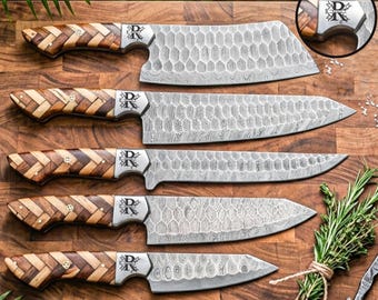 Engraved Damascus Chef Knife Set, Personalized Hand Forged Kitchen Knives, Professional BBQ Chef Set with Leather Roll, Custom Gift