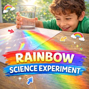 May include: A young person smiles while holding a glass of water, creating a rainbow effect on a white surface. The image features the text "RAINBOW SCIENCE EXPERIMENT" in colorful lettering, with decorative rainbow and star stickers.