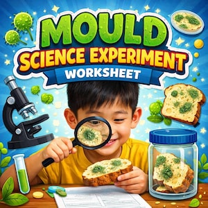 May include: A colorful educational graphic for a science experiment worksheet. The image features a young boy examining moldy bread with a magnifying glass. A microscope, test tube, and jar of moldy bread are also visible. The title reads "Mould Science Experiment Worksheet."