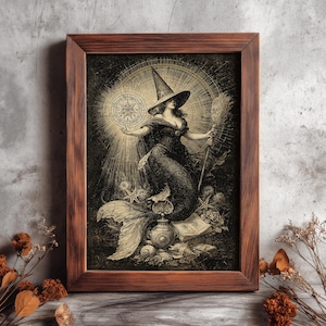 May include: A framed black and white illustration of a mermaid witch holding a broom and a compass. The artwork features a witch's hat, a long dress, and a mermaid tail. The frame is made of brown wood.