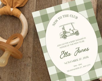 New to the Club-babyshoweruitnodiging – golfthema, bewerkbaar en afdrukbaar, digitale download
