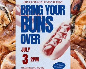 Editable 4th of July Cookout Invitation Template | Bring Your Buns Over Canva Invite