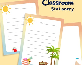 Briefpapierset voor leraar strandthema | Briefpapier zomerdocent afdrukbaar