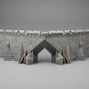 May include: A gray stone castle wall with a central arched gateway. The wall is constructed of rectangular blocks and features crenellations along the top. Wooden supports and decorative elements are visible.