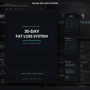 May include: A digital fitness program titled "30-Day Fat Loss System" with the text "Beginner Transformation Protocol." The program includes workout plans, meal templates, and recovery trackers. The design is dark with white text.