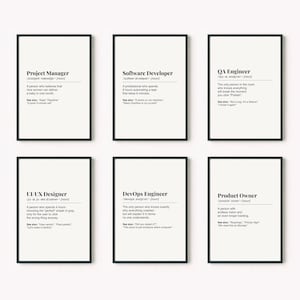 Può includere: Sei stampe artistiche incorniciate con cornici nere e sfondi bianchi. Ogni stampa presenta un titolo di lavoro e una definizione umoristica. I titoli includono Project Manager, Software Developer, QA Engineer, UI/UX Designer, DevOps Engineer e Product Owner.