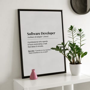 Pu&ograve; includere: Una stampa incorniciata in bianco e nero con la definizione di "Software Developer". La definizione include una descrizione umoristica. Un piccolo vaso rosa e una pianta in vaso sono su una mensola bianca.