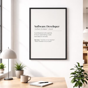 Pu&ograve; includere: Una stampa incorniciata con la definizione di "Sviluppatore software" in testo nero su sfondo bianco. La definizione include la pronuncia fonetica, una descrizione e frasi correlate. La cornice &egrave; nera.