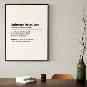 Pu&ograve; includere: Una stampa incorniciata con la definizione di "Software Developer" in testo nero su sfondo bianco. La definizione include la pronuncia fonetica, una descrizione e frasi correlate.