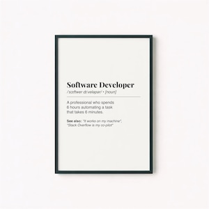 Pu&ograve; includere: Una stampa incorniciata con il testo "Software Developer" in grassetto. La definizione include la pronuncia fonetica e una descrizione umoristica della professione. Ulteriori citazioni sono incluse sotto la definizione.