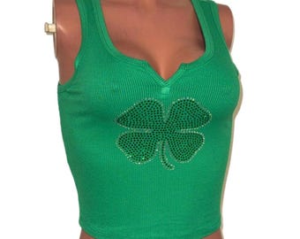 Bedazzled Rhinestone bling Saint Patrick’s day 4 leaf shamrock clover crop ribbed fitted tank top