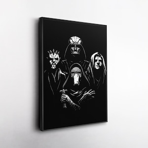 May include: A framed black and white art print featuring Star Wars characters Darth Maul, Darth Vader, Kylo Ren, and a Sith Lord. The artwork is displayed on a white wall.