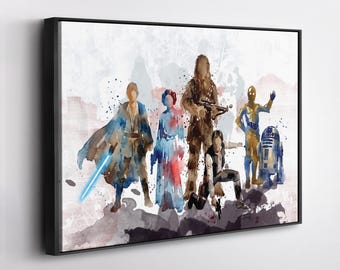 Star Wars Watercolor Canvas Wall Art Print, Luke Skywalker Leia Han Solo Chewbacca R2D2 C3PO Jedi Decor Gift