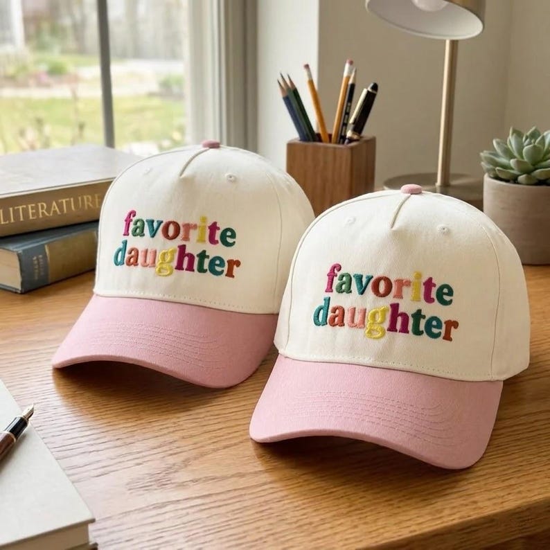 May include: Two baseball caps with a cream-colored crown and a pink brim. The phrase "favorite daughter" is embroidered in colorful letters on the front of each cap. The caps are displayed on a wooden surface.