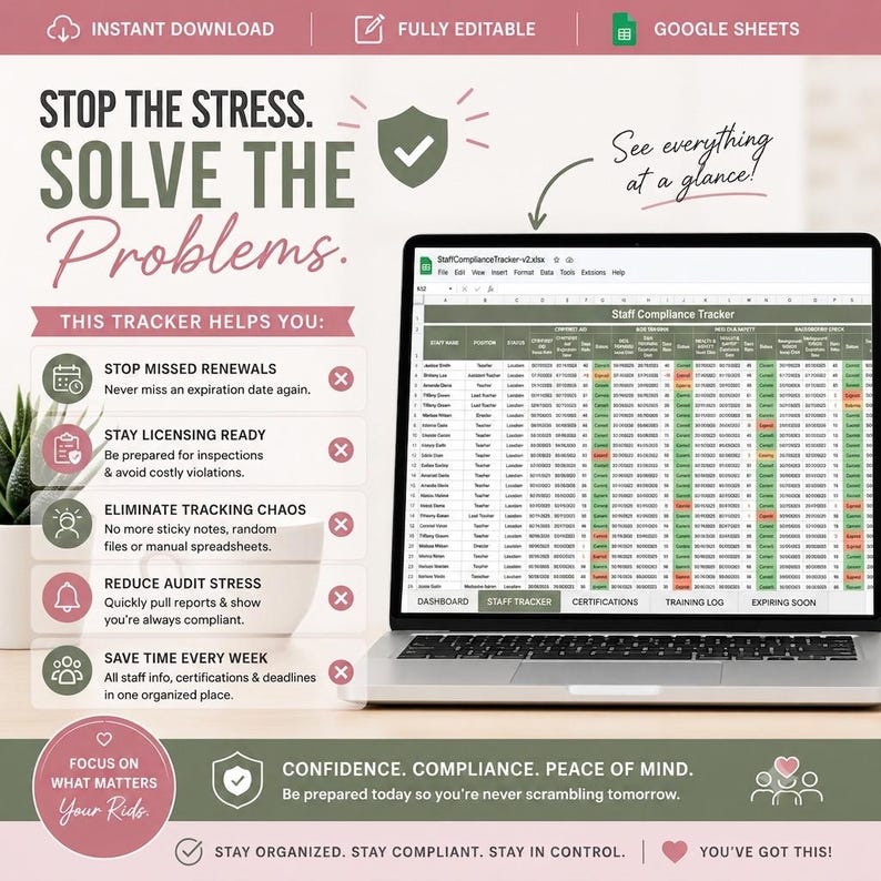 May include: A digital staff compliance tracker template displayed on a laptop screen. The graphic includes text such as STOP THE STRESS. SOLVE THE Problems., Staff Compliance Tracker, and lists benefits like stop missed renewals and stay licensing ready.