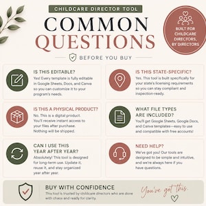 Pu&ograve; includere: Uno strumento digitale per direttori di asili nido con il testo "COMMON QUESTIONS" e "CHILDCARE DIRECTOR TOOL". La grafica include icone e risposte a domande comuni, come se lo strumento &egrave; modificabile e specifico dello stato.