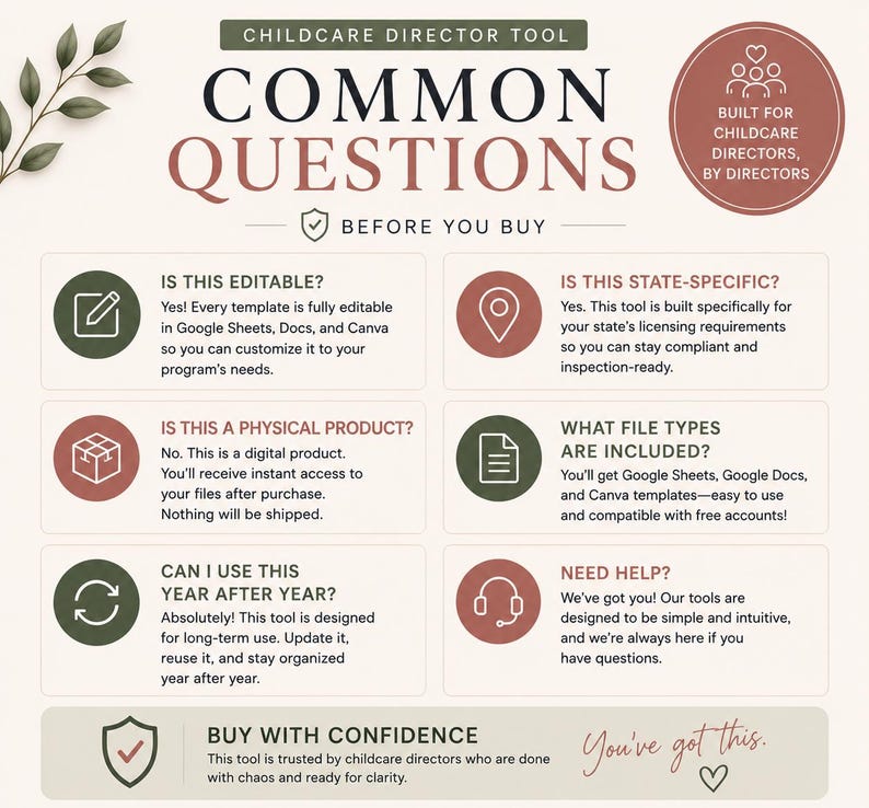 Pu&ograve; includere: Uno strumento digitale per direttori di asili nido con il testo "COMMON QUESTIONS" e "CHILDCARE DIRECTOR TOOL". La grafica include icone e risposte a domande comuni, come se lo strumento &egrave; modificabile e specifico dello stato.
