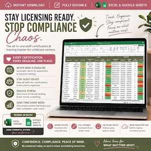 Puede incluir: Una plantilla digital de seguimiento de certificaciones y formación del personal para guarderías, mostrada en la pantalla de un portátil. La interfaz muestra una hoja de cálculo con columnas para nombres, puestos, ubicaciones y estados de certificación.