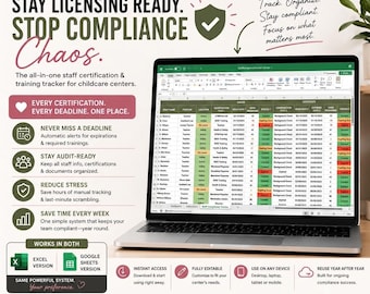 Può includere: Un modello digitale per il monitoraggio delle certificazioni e della formazione del personale per asili nido, visualizzato sullo schermo di un portatile. L'interfaccia mostra un foglio di calcolo con colonne per nomi, posizioni, sedi e stati di certificazione.